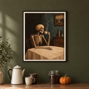 コーヒーを飲む骸骨、ダークなハロウィーンのプリントウォールアート、ヴィンテージ風の不気味な装飾（デジタルダウンロード） 画像 2