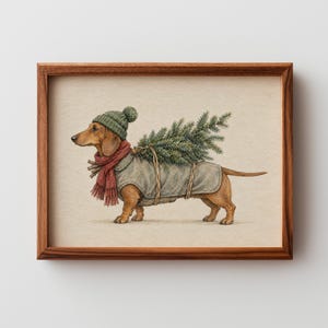Festive hound in sweater and cap poster for bedroom — nostalgic seasonal pet wall decor
