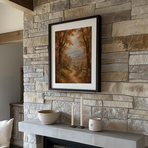 Autumn forest trail digital print for bedroom — cozy cottagecore aesthetic with amber and rust tones