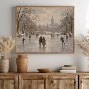 Traditional winter portrait poster for living room — old-world skating scene with cathedral and bare landscape