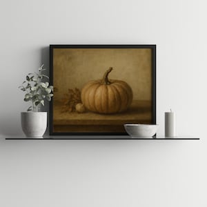 Vintage squash painting printable wall decor for farmhouse entryway — rich browns, soft sage, and golden details