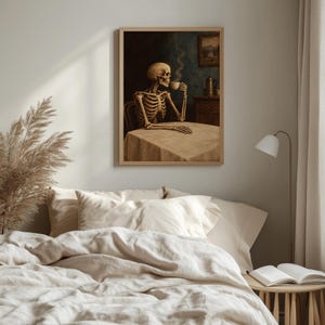 Skeletal bust holding cup picture for living room — spooky vintage portrait with rich textured brushstrokes