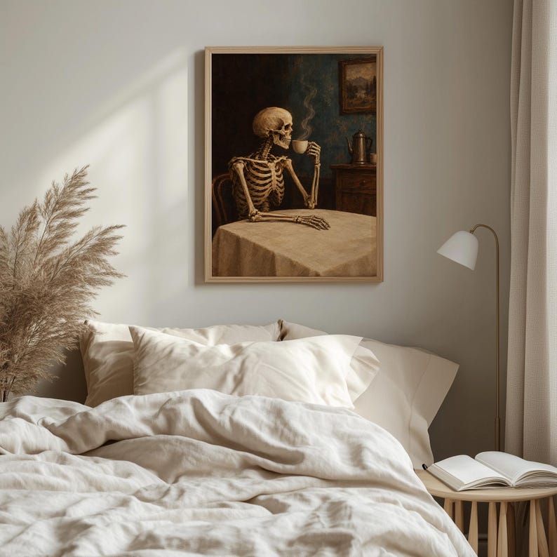 Skeletal bust holding cup picture for living room — spooky vintage portrait with rich textured brushstrokes