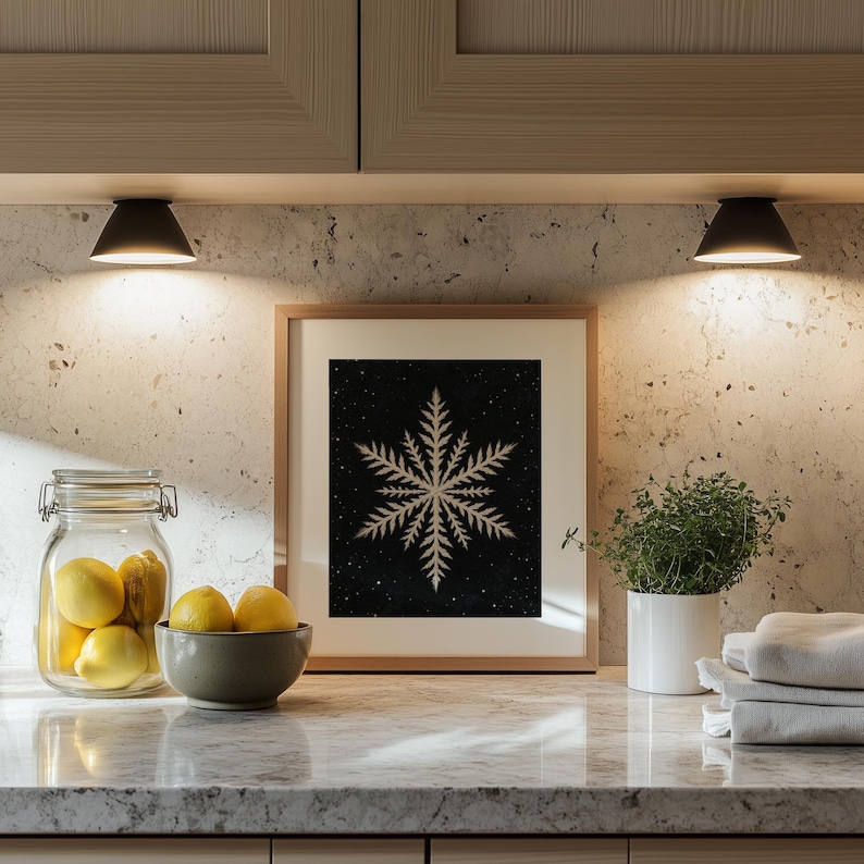 Botanical ice crystal digital print wall art — detailed linework with cream tones and moody celestial dark aesthetic