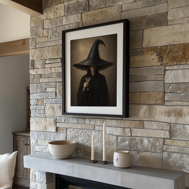 Shadowy enchantress holding martini glass poster for home — sophisticated dark seasonal illustration