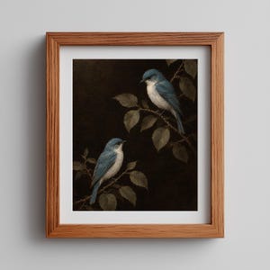 Moody songbird duo artwork for bedroom — rustic dark academia with aged varnish-like surface