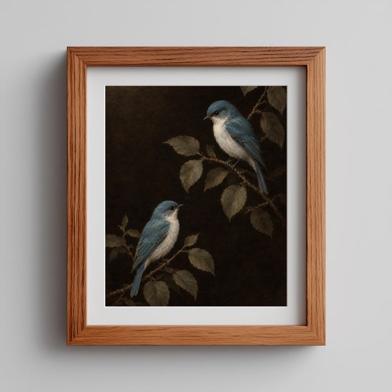 Moody songbird duo artwork for bedroom — rustic dark academia with aged varnish-like surface