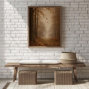 Rustic autumn trail digital artwork for entryway — muted earthy tones with old master painting style and tranquil mood