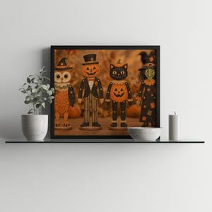 Whimsical articulated Halloween dolls gallery wall picture — vintage autumn charm with pumpkin patch silhouette background