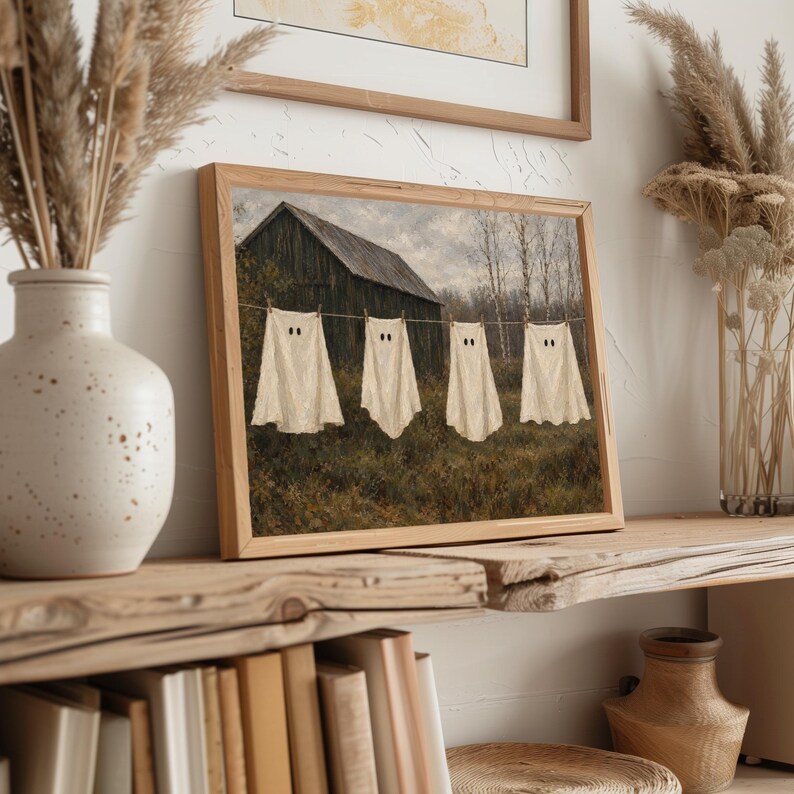 Phantom clothesline painting printable wall decor — moody countryside Halloween aesthetic with soft vintage art style
