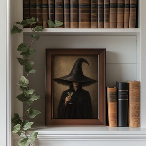 Pointed hat potion mixer portrait printable artwork for entryway — dark mysterious vintage charm