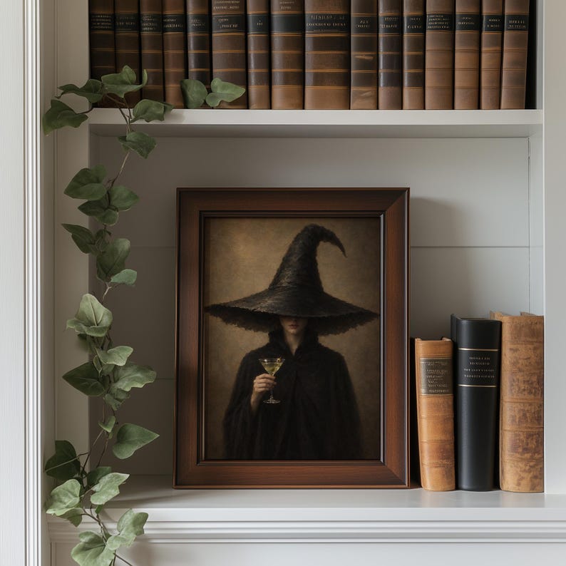 Pointed hat potion mixer portrait printable artwork for entryway — dark mysterious vintage charm