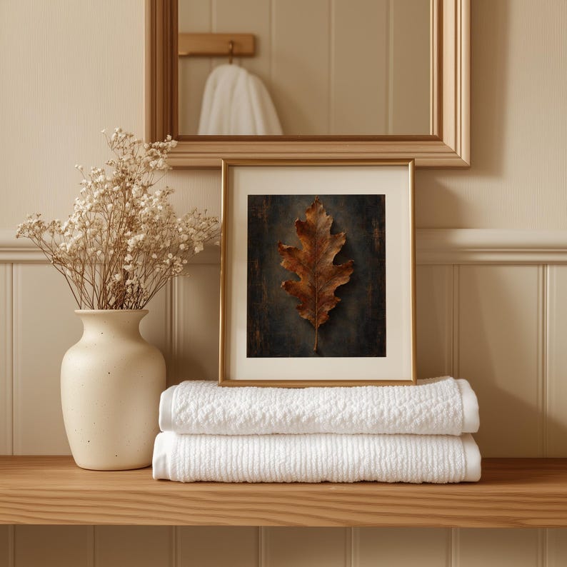 Fall botanical leaf artwork for home office wall — golden brown tones with vintage charm