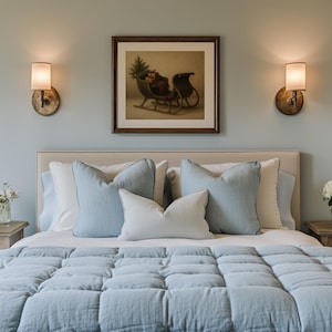 Nostalgic horse carriage wall print with holiday gifts and greenery in rustic heirloom painted style