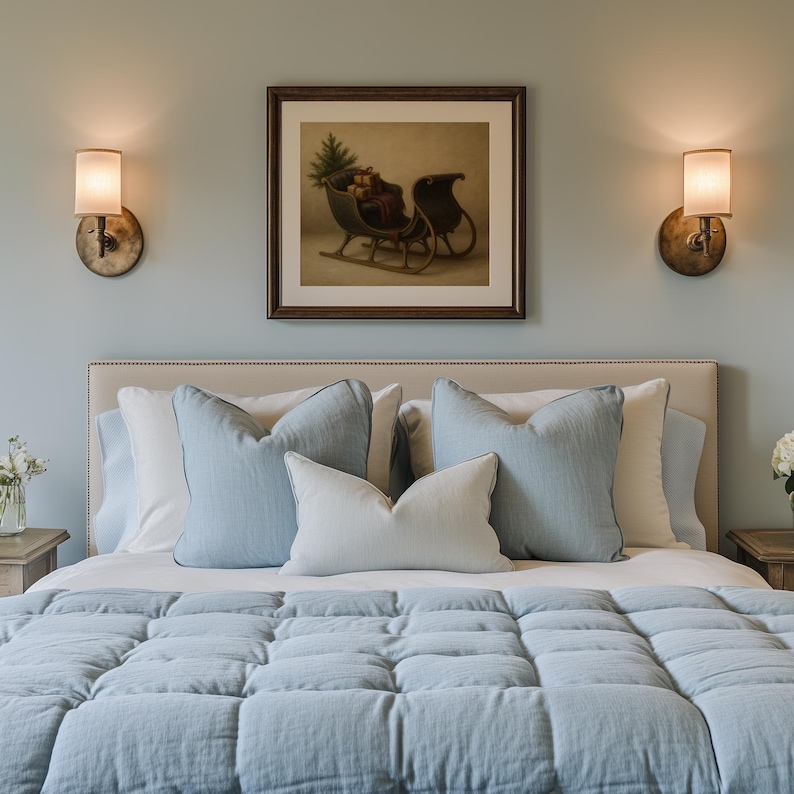 Nostalgic horse carriage wall print with holiday gifts and greenery in rustic heirloom painted style