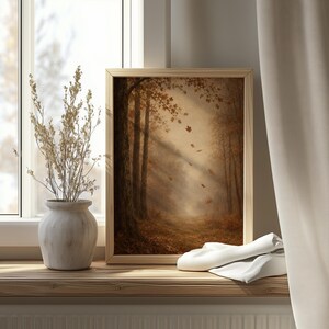 Vintage nature poster — silhouetted trees framing misty trail with muted tones and antique faded quality