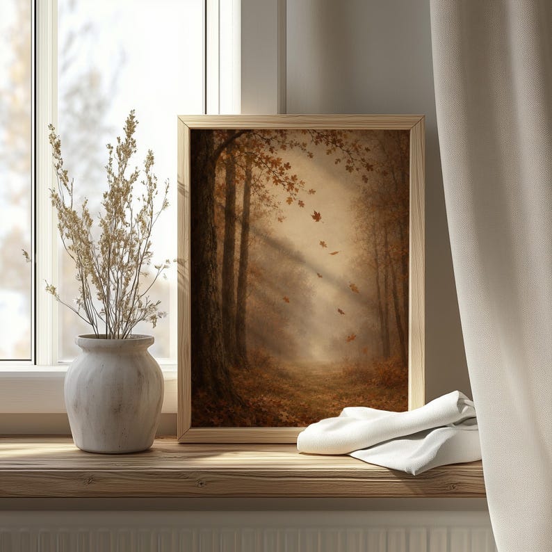 Vintage nature poster — silhouetted trees framing misty trail with muted tones and antique faded quality