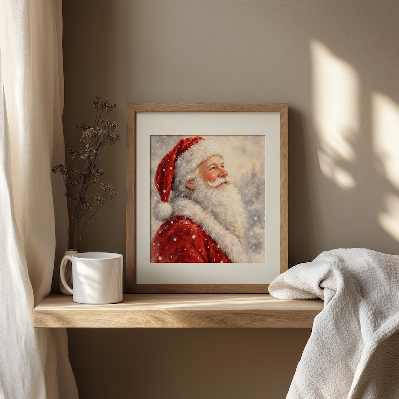 Old-fashioned holiday figure painting with muted tones and peaceful winter setting