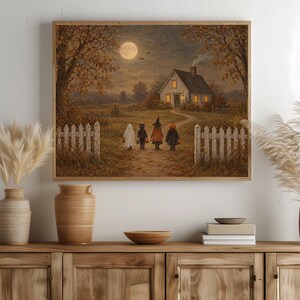 Halloween children poster printable art for kitchen — weathered picket fence and glowing farmhouse windows