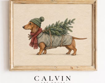 Vintage Christmas Dachshund Print, Cozy Holiday Dog Painting Printable Wall Art (Digital Download)