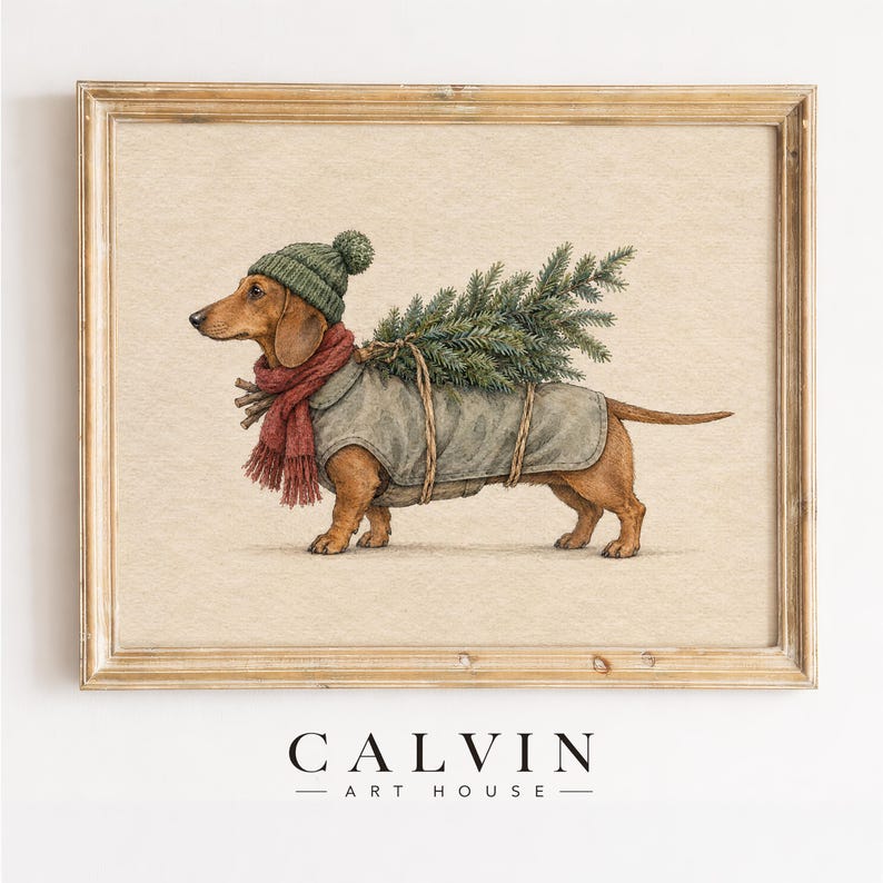 Cute pet with evergreen strapped to back digital download — cozy holiday illustration for den