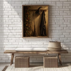 Haunting still life digital print of magical apparel on wall — cozy autumn dark mood