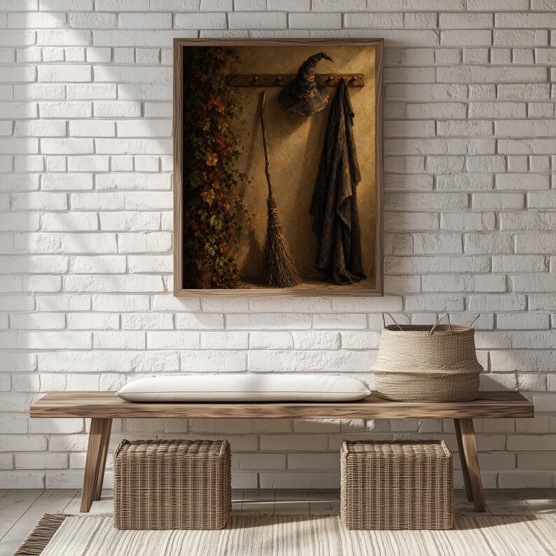 Haunting still life digital print of magical apparel on wall — cozy autumn dark mood