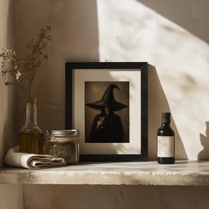 Black gown magical figure beverage portrait digital art print for home — spooky vintage elegance