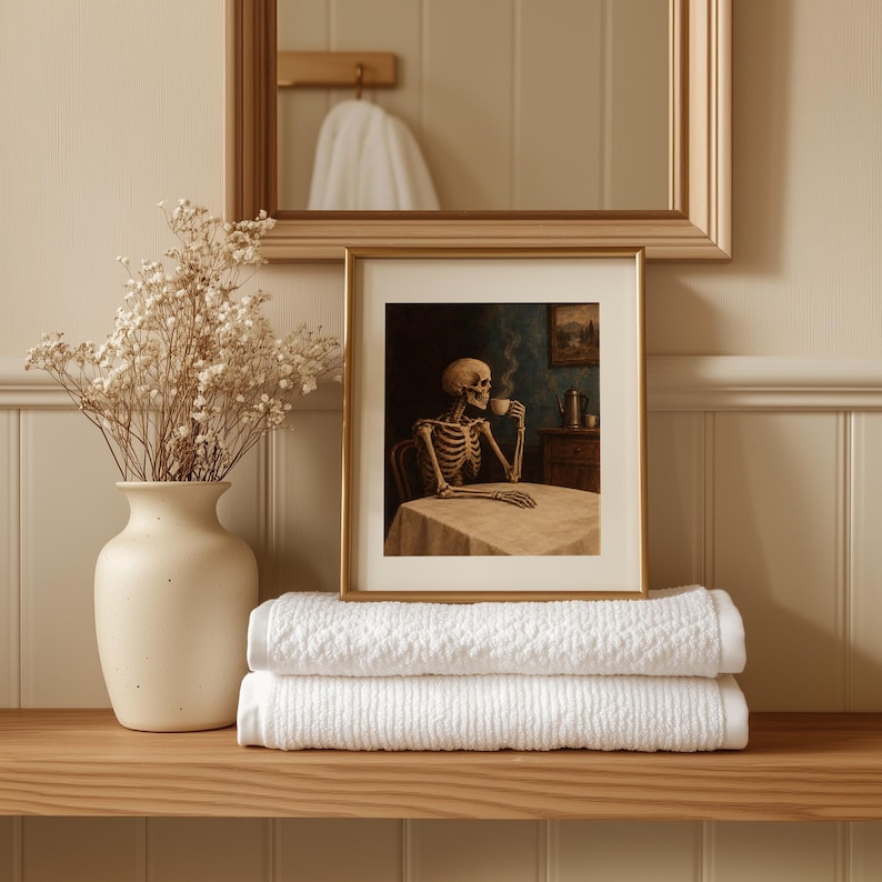 Skeleton enjoying beverage digital painting for lounge — moody dark humor vintage-style art