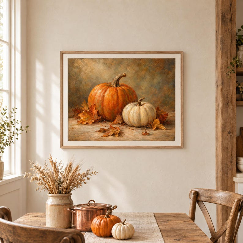 Pu&ograve; includere: Una stampa artistica incorniciata che raffigura una grande zucca arancione e una zucca bianca pi&ugrave; piccola circondate da foglie autunnali cadute. L'opera presenta uno stile pittorico e materico con toni caldi, racchiusa in una cornice in legno chiaro.