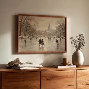 Vintage ice skating artwork for gallery wall — timeless holiday atmosphere with hazy cathedral backdrop