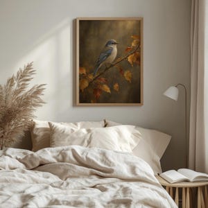 Cozy autumn bird wall art — moody vintage aesthetic with gnarled wood branch and glowing warmth