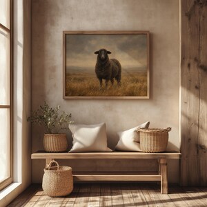 Rural livestock artwork printable — vintage French country painting with misty landscape and pastoral mood