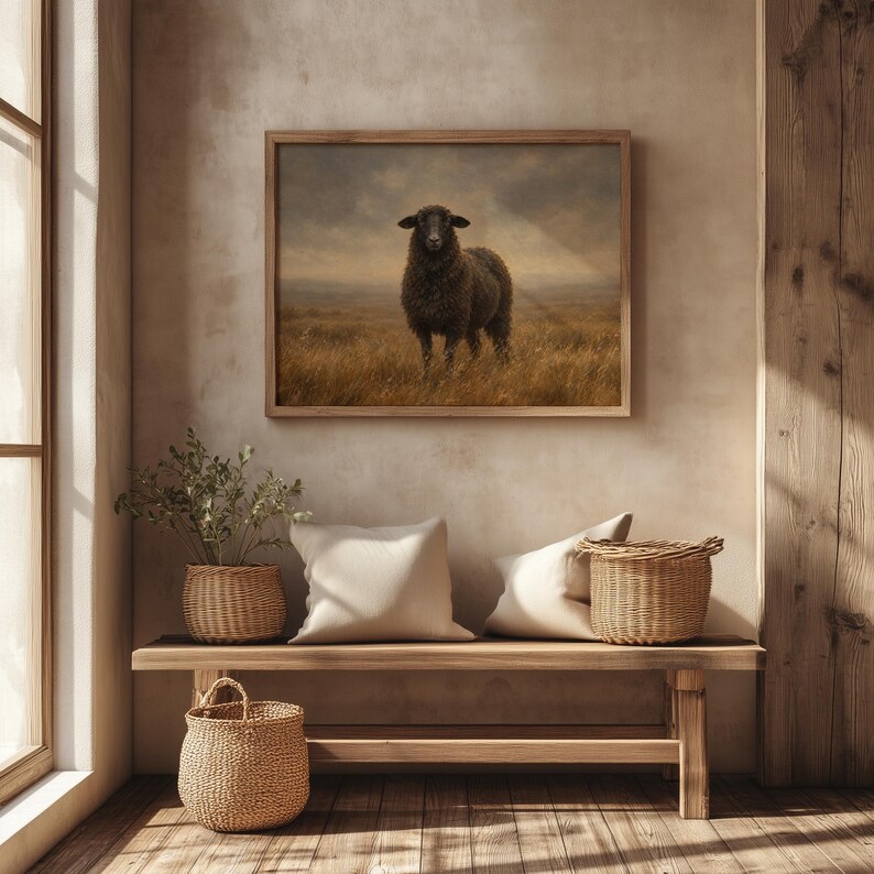 Rural livestock artwork printable — vintage French country painting with misty landscape and pastoral mood