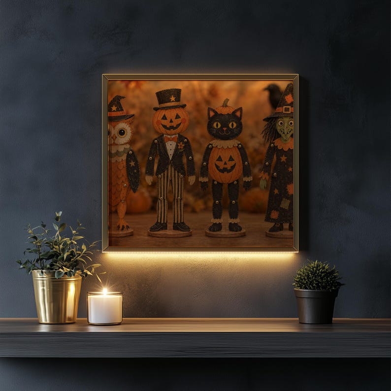 Vintage paper doll poster with poseable Halloween figures — nostalgic autumn charm in rustic cream and charcoal palette