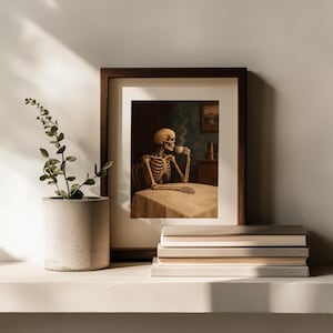 Skull seated at table digital art for gallery wall — Halloween vintage decor with quirky character