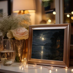 Moonlit lake painting printable art for bedroom — moody gothic landscape with glowing manor house reflection