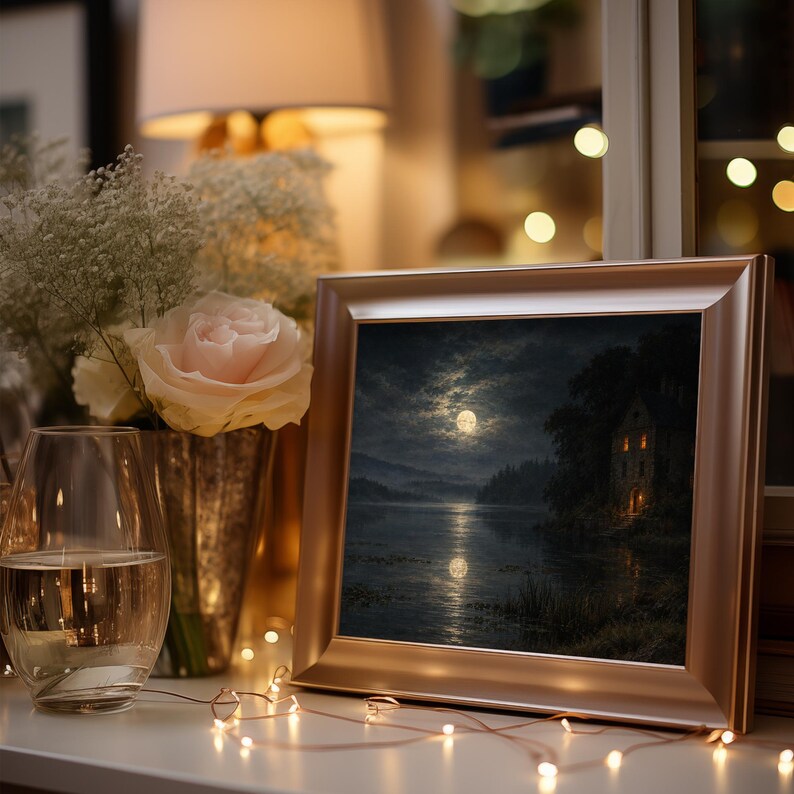 Moonlit lake painting printable art for bedroom — moody gothic landscape with glowing manor house reflection
