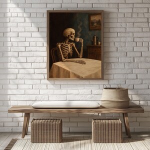 Skull figure at table wall art for office — darkly humorous vintage portrait with coffee pot