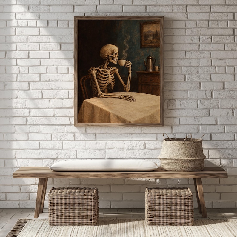 Skull figure at table wall art for office — darkly humorous vintage portrait with coffee pot