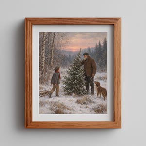 Christmas tree hunt painting for family room — vintage-inspired woodland landscape with dog, sled, and golden hour glow