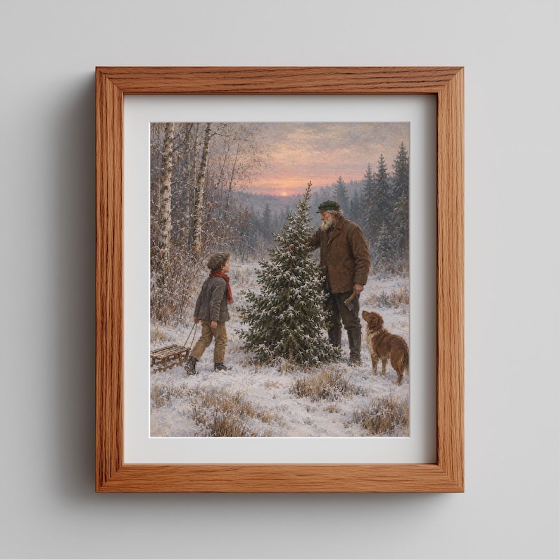 Christmas tree hunt painting for family room — vintage-inspired woodland landscape with dog, sled, and golden hour glow