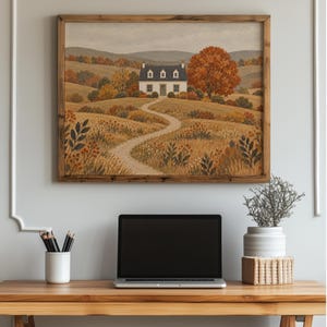 Vintage-style rural home digital artwork for entryway — cottagecore cottage surrounded by rolling terrain