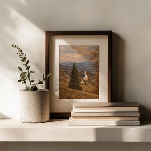 Peaceful country church wall art instant download — dusty blue and rust tones with distant mountains