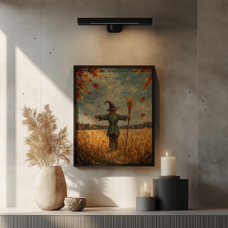 Broomstick scarecrow wall decor for seasonal display — vintage countryside artwork with windswept atmosphere and fall foliage