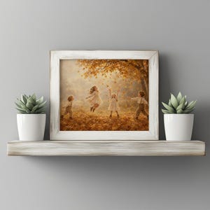 Autumn celebration with kids tossing leaves poster for kid's bedroom — soft vintage brushwork with warm nostalgic glow