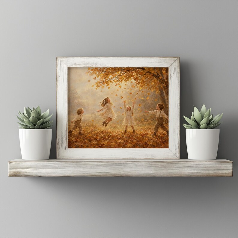 Autumn celebration with kids tossing leaves poster for kid's bedroom — soft vintage brushwork with warm nostalgic glow