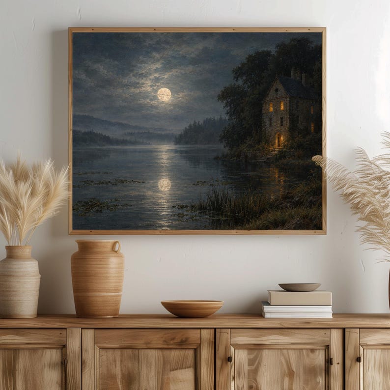 Dark academia lake painting printable for bedroom — atmospheric scene with full moon glow and shadowy shoreline