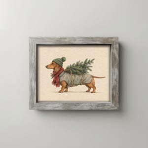 Holiday dog with pine branches and twine digital art — vintage cottagecore Christmas painting