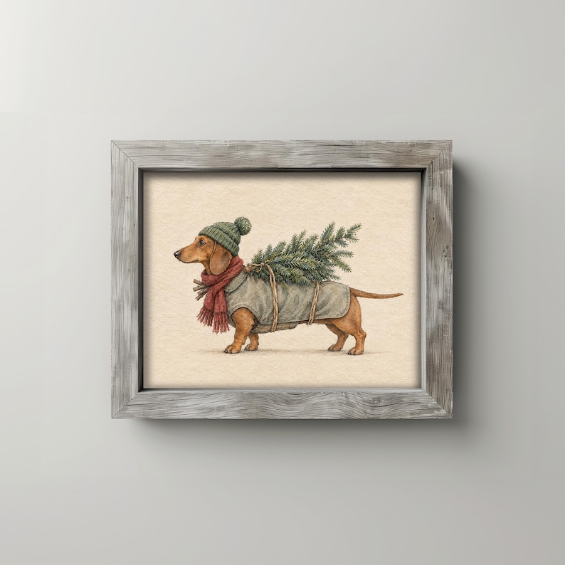 Holiday dog with pine branches and twine digital art — vintage cottagecore Christmas painting